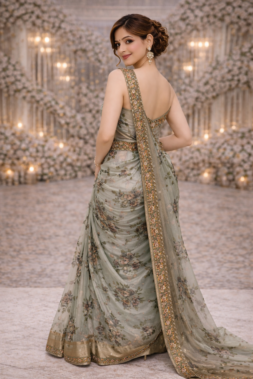 Printed Olive Party Wear Saree