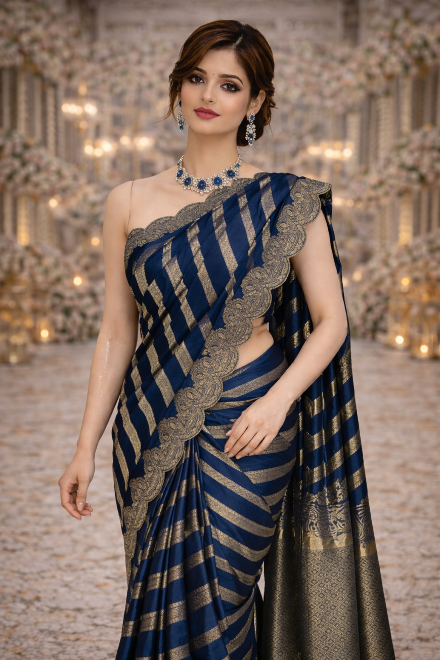 Navy Blue Striped Silk Saree