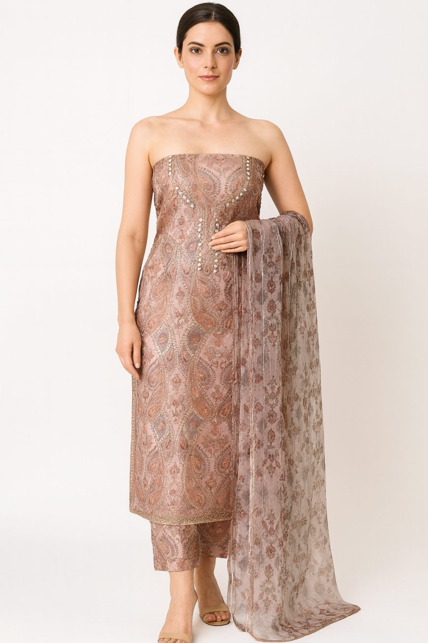 Taupe Paisley Motif Embroidered Suit