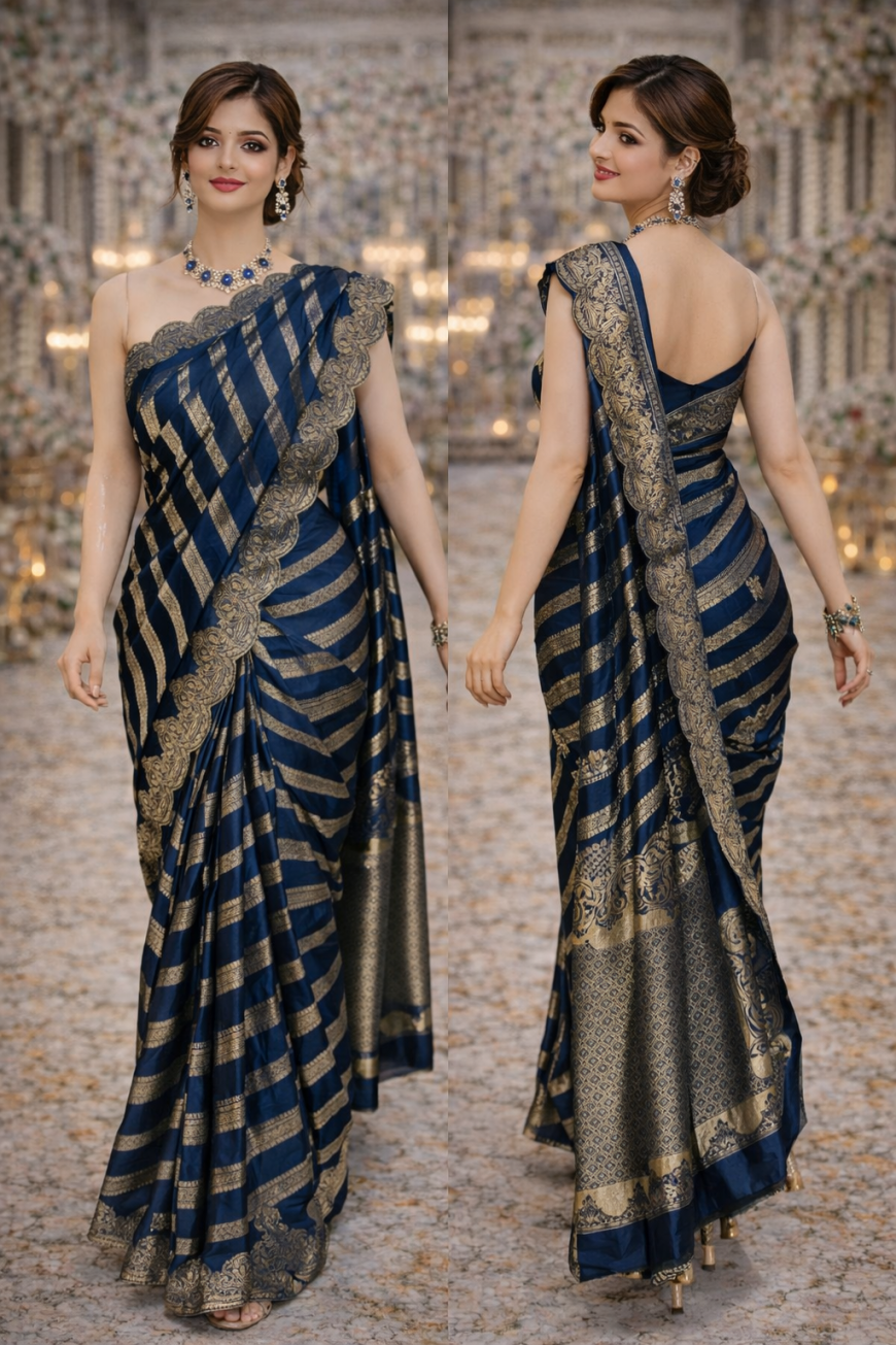 Navy Blue Striped Silk Saree