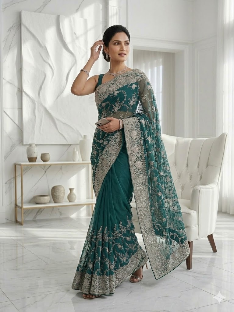 Bottle Green Georgette Saree
