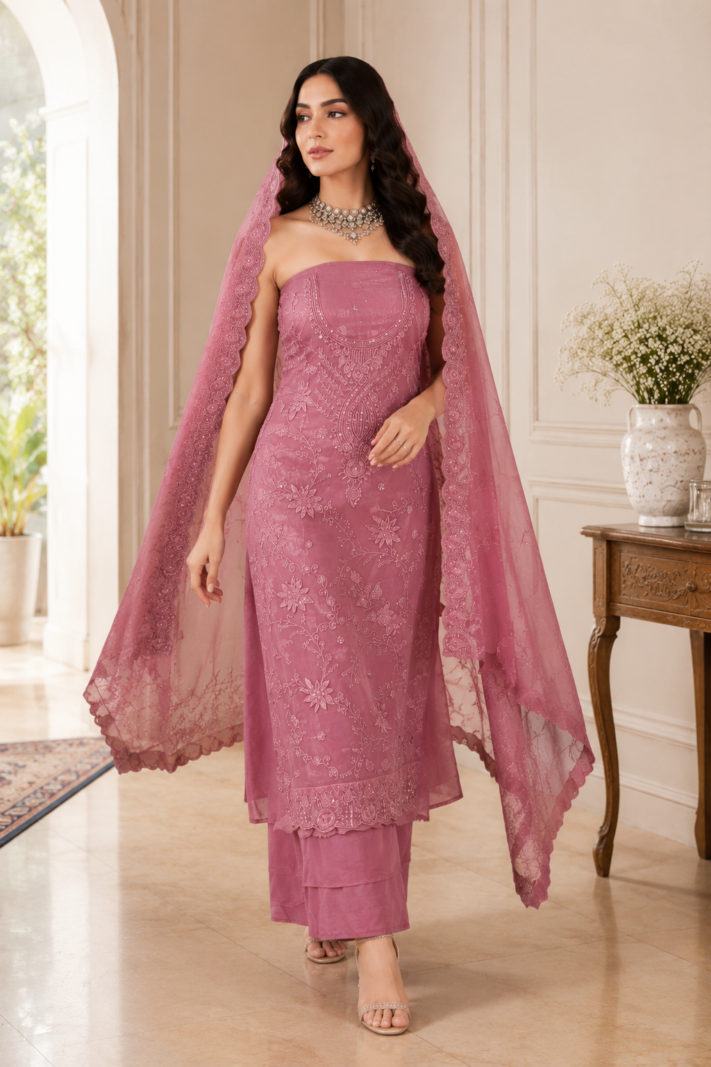 Dusty Rose Floral Embroidered Suit