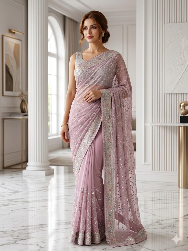 Mauve-Pink Net Saree