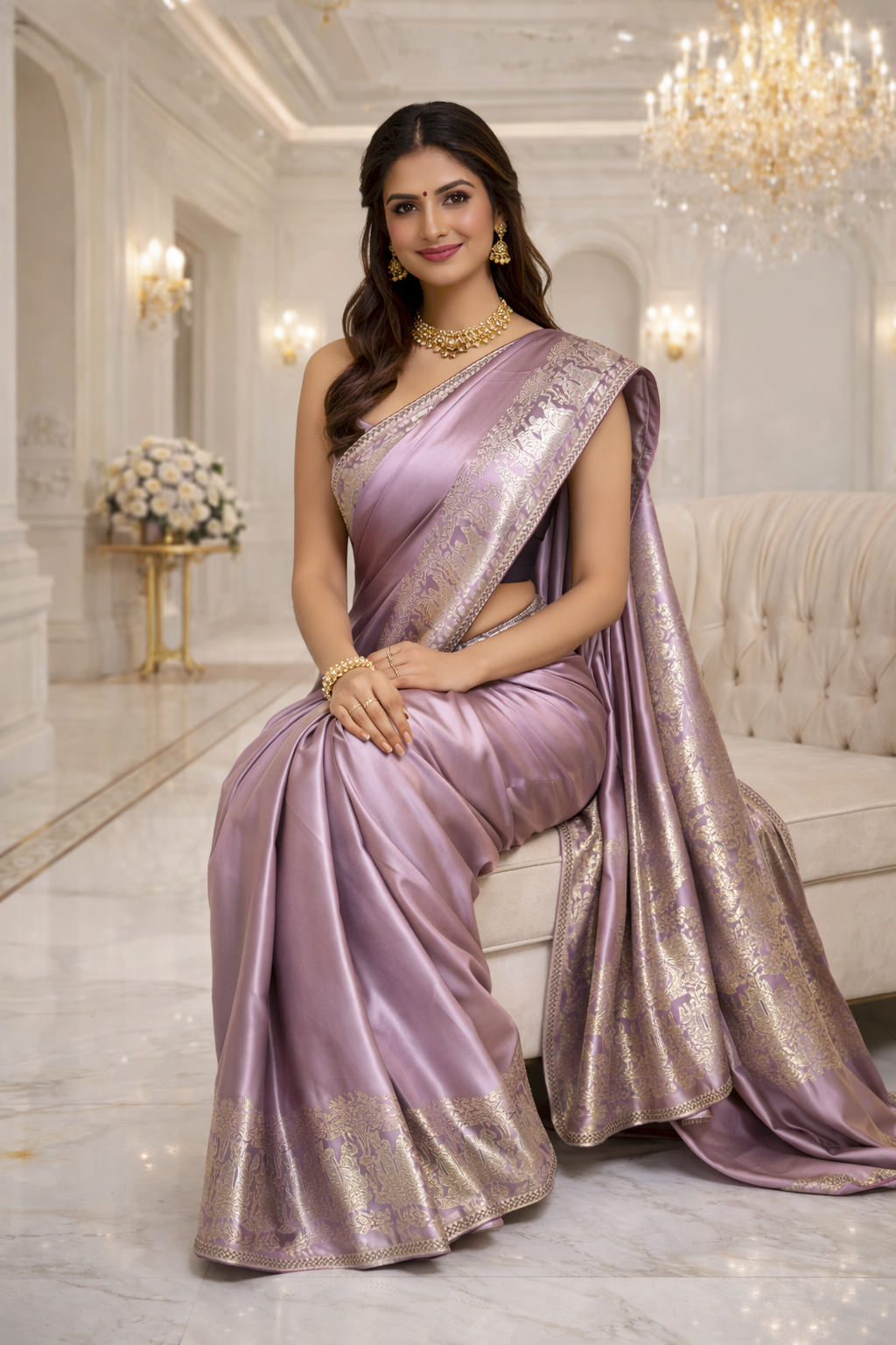 Lilac Mauve Satin-Silk Saree