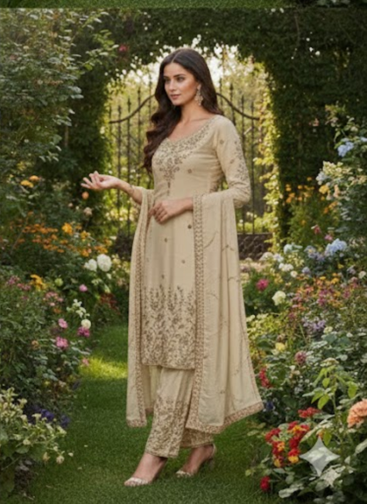 Beige Floral Straight-Cut Suit: