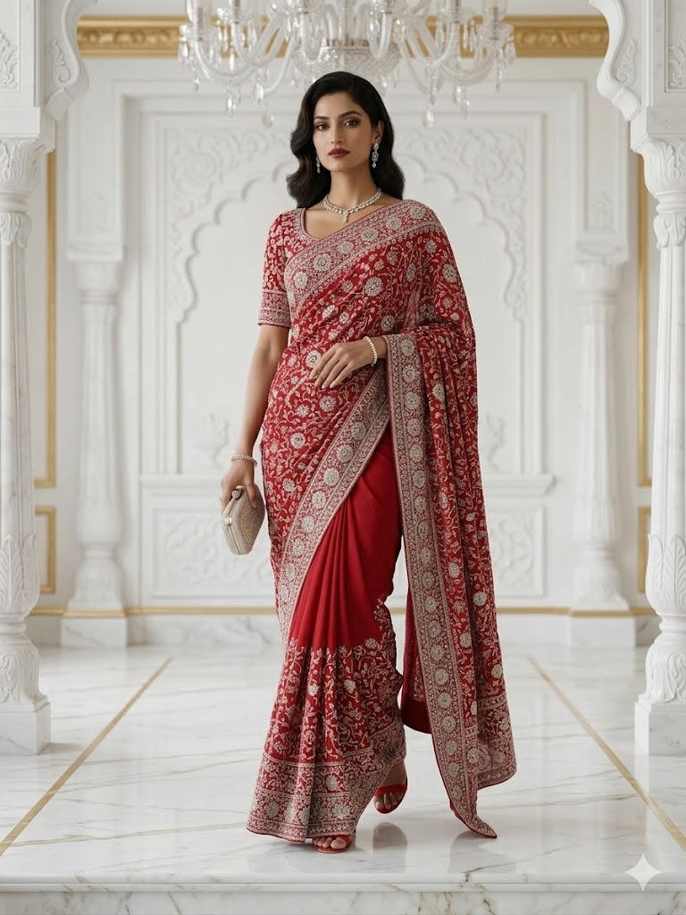 Blood Red Crepe saree
