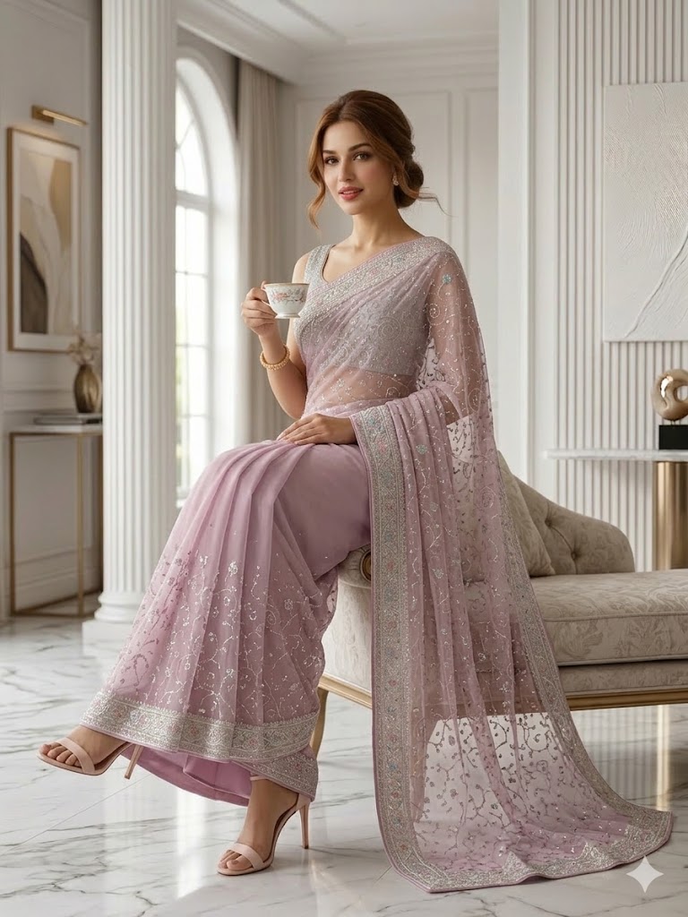 Mauve-Pink Net Saree