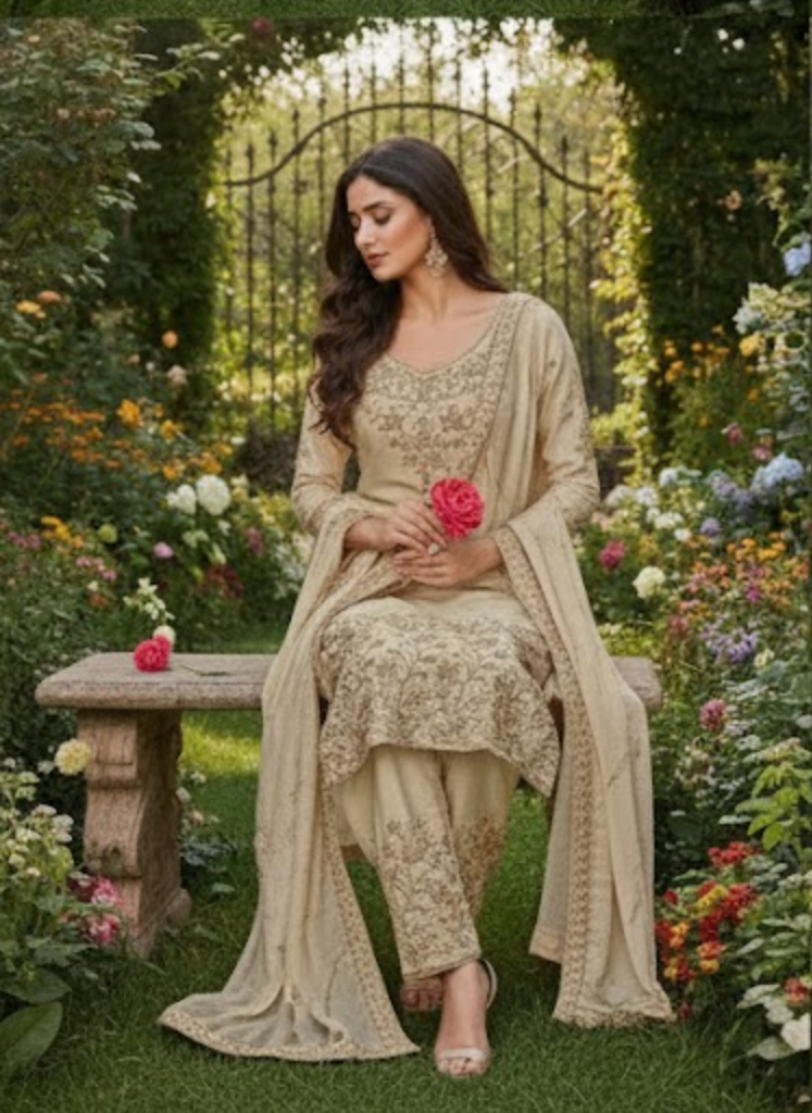 Beige Floral Straight-Cut Suit: