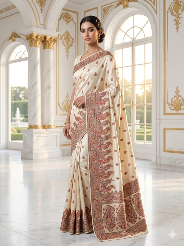 Off-White Mulberry Silk Saree