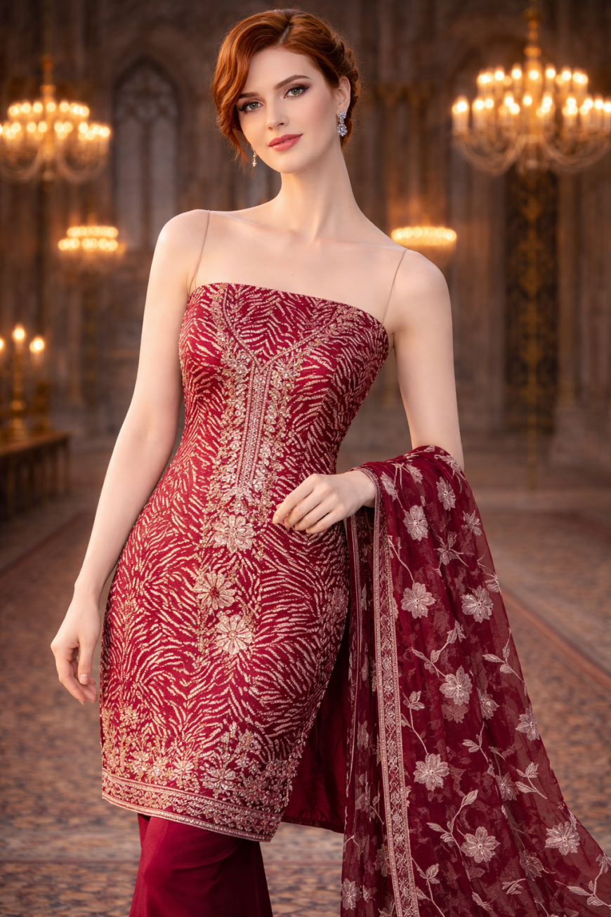 Cotton Blend Noor-e-Maroon Ensemble