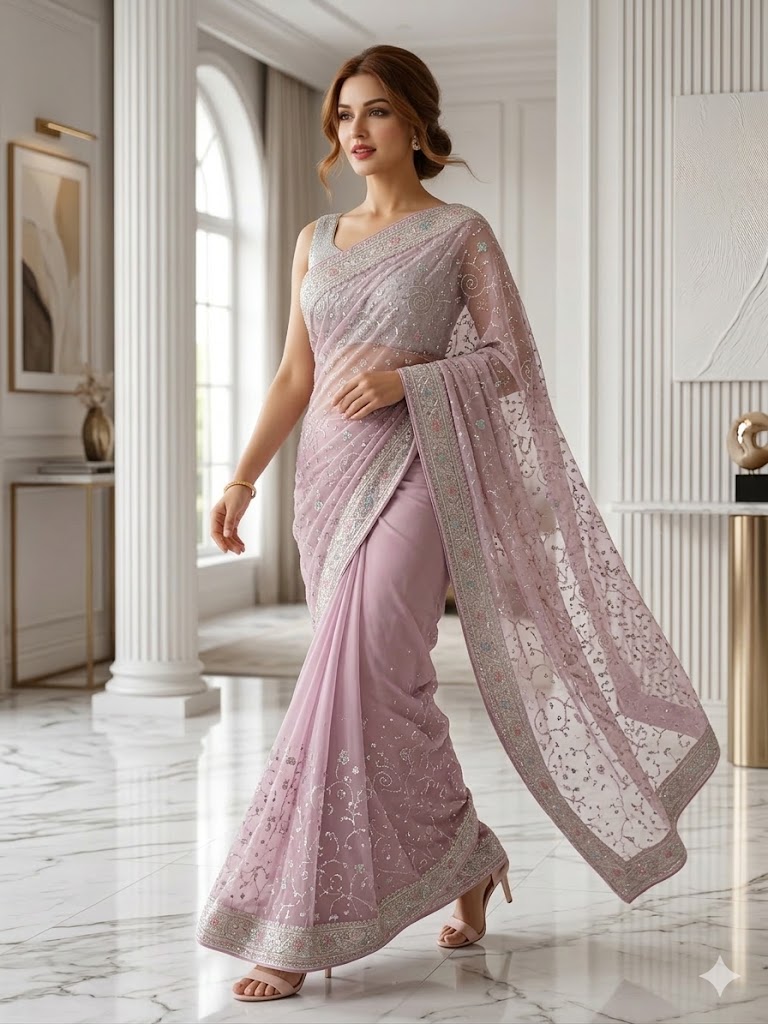 Mauve-Pink Net Saree