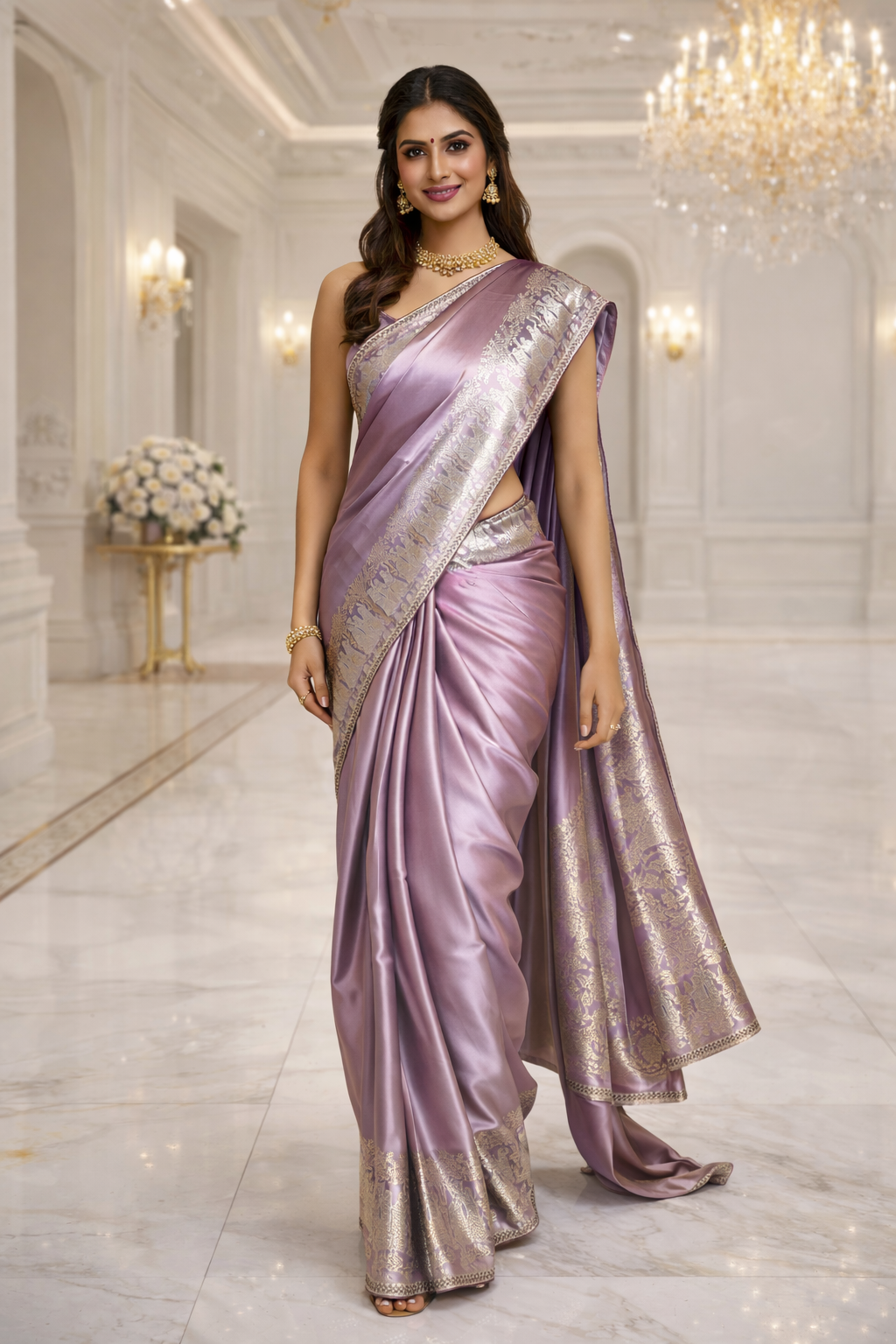 Lilac Mauve Satin-Silk Saree