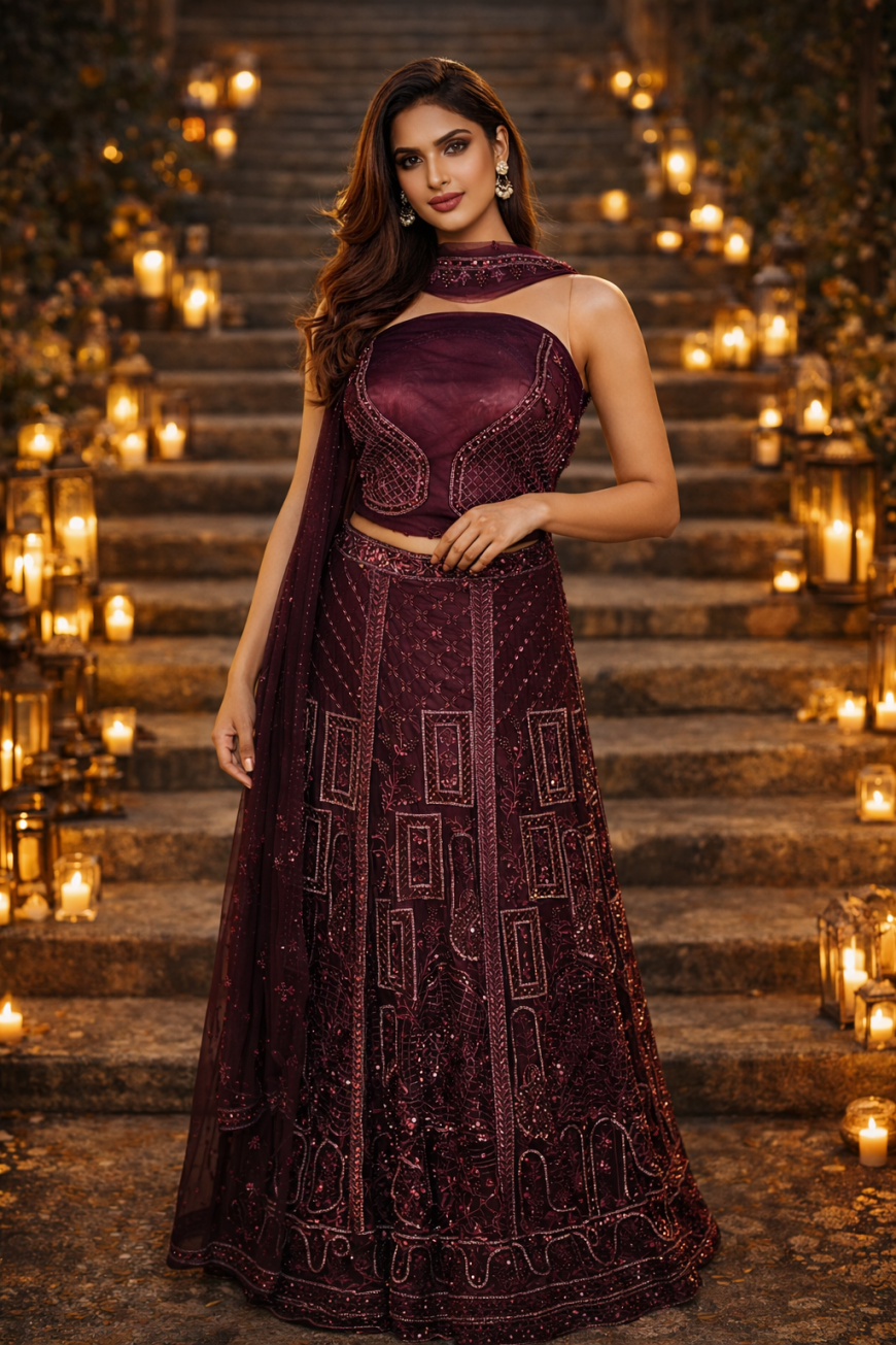 The Burgundy Geometric Lehenga