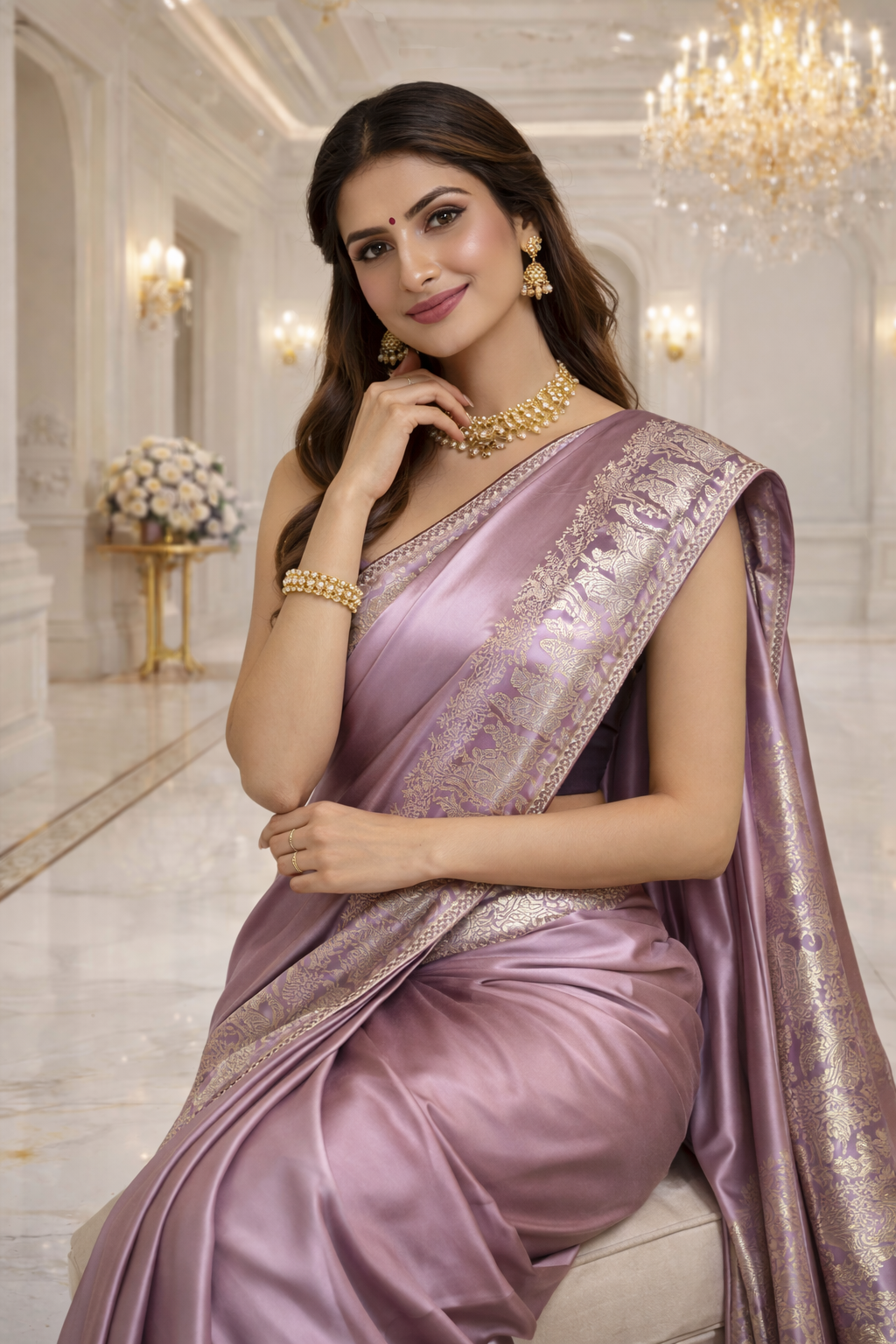 Lilac Mauve Satin-Silk Saree