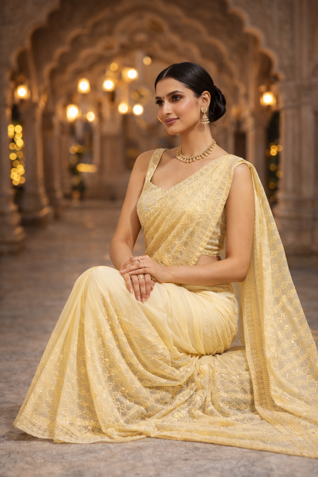 "The Butter Cream Lace Saree"