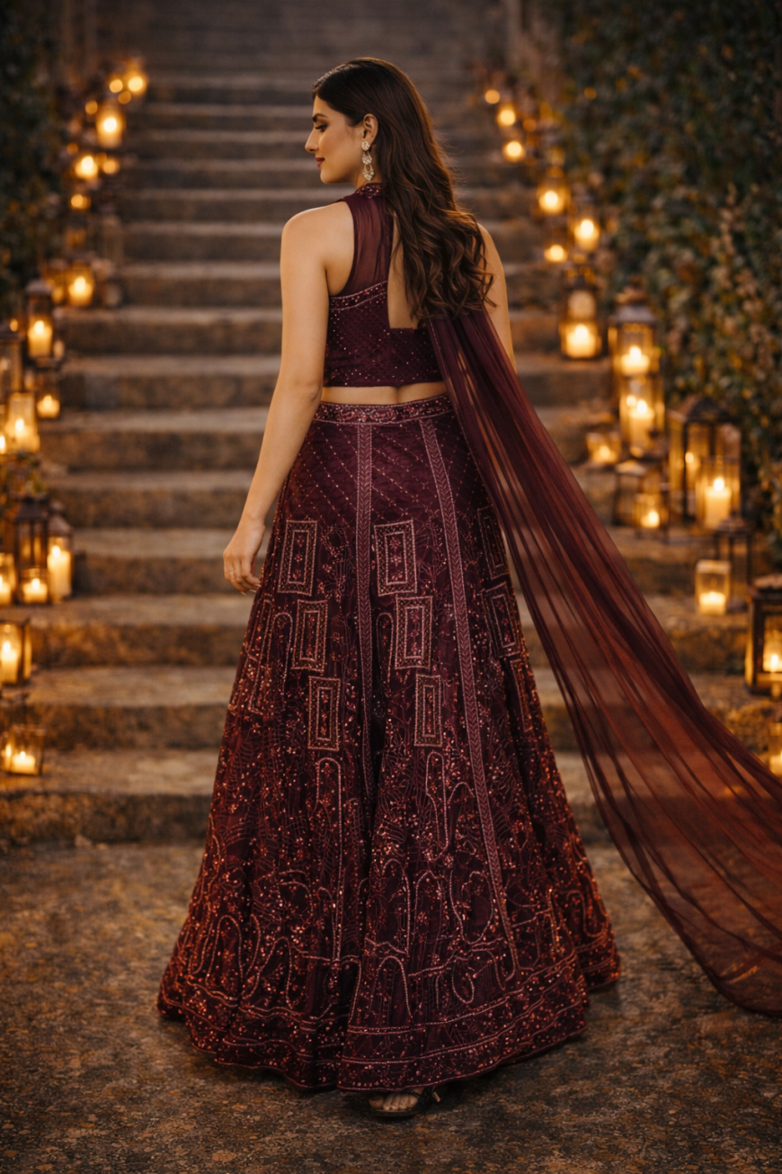The Burgundy Geometric Lehenga