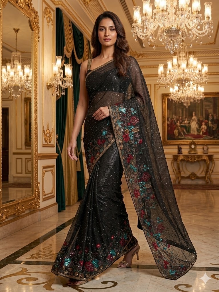 Black Heavy-Work Net Saree: