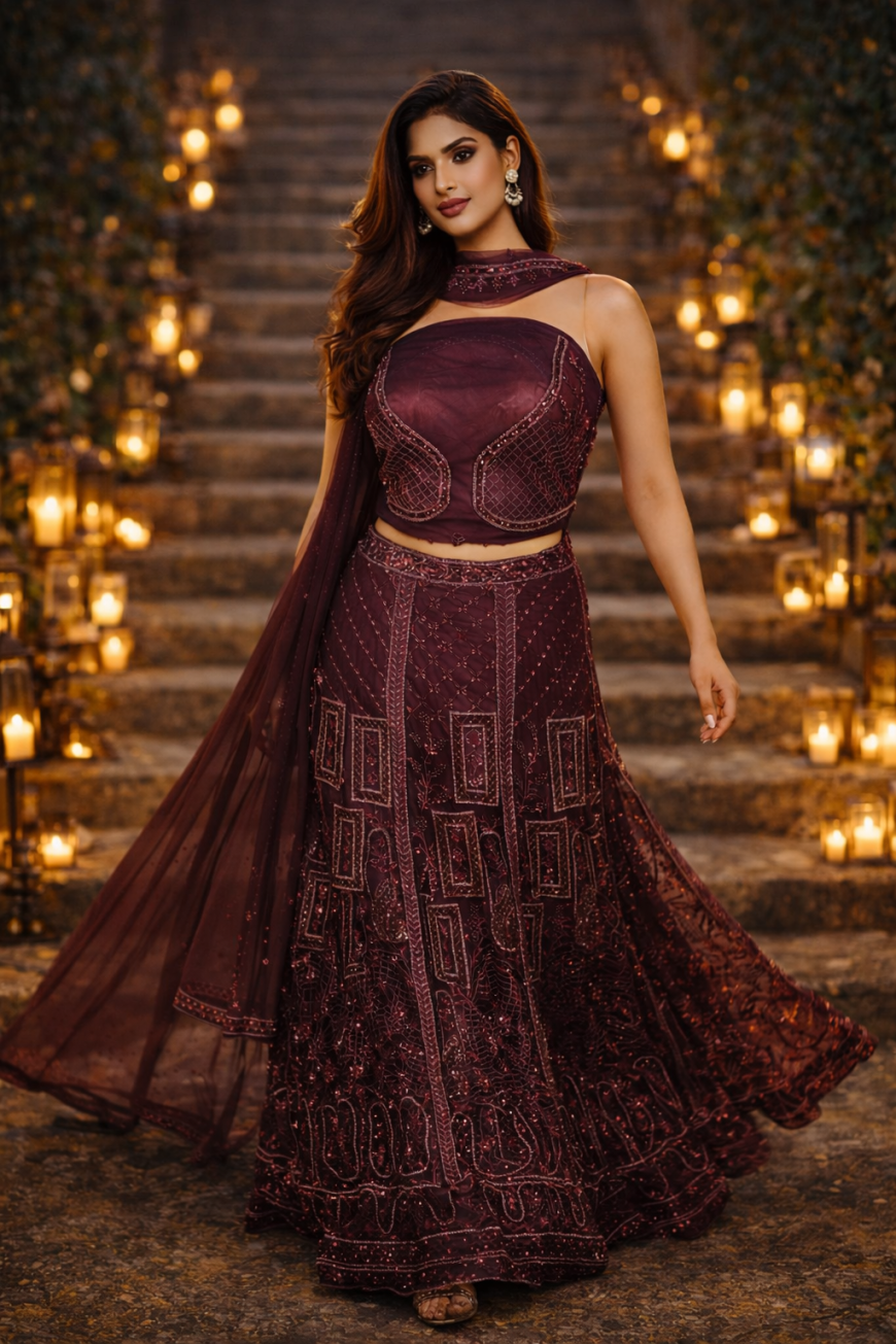 The Burgundy Geometric Lehenga
