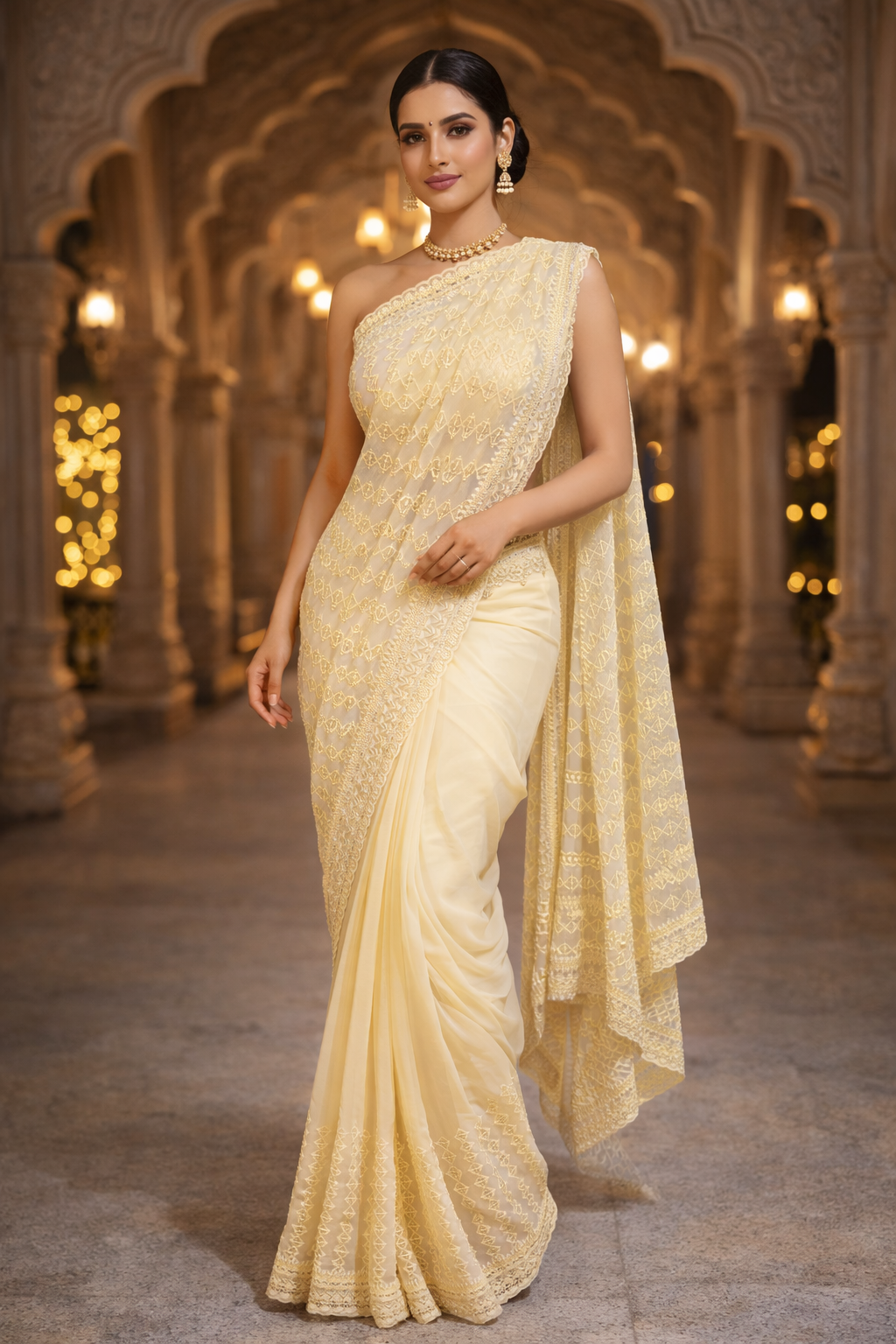 "The Butter Cream Lace Saree"