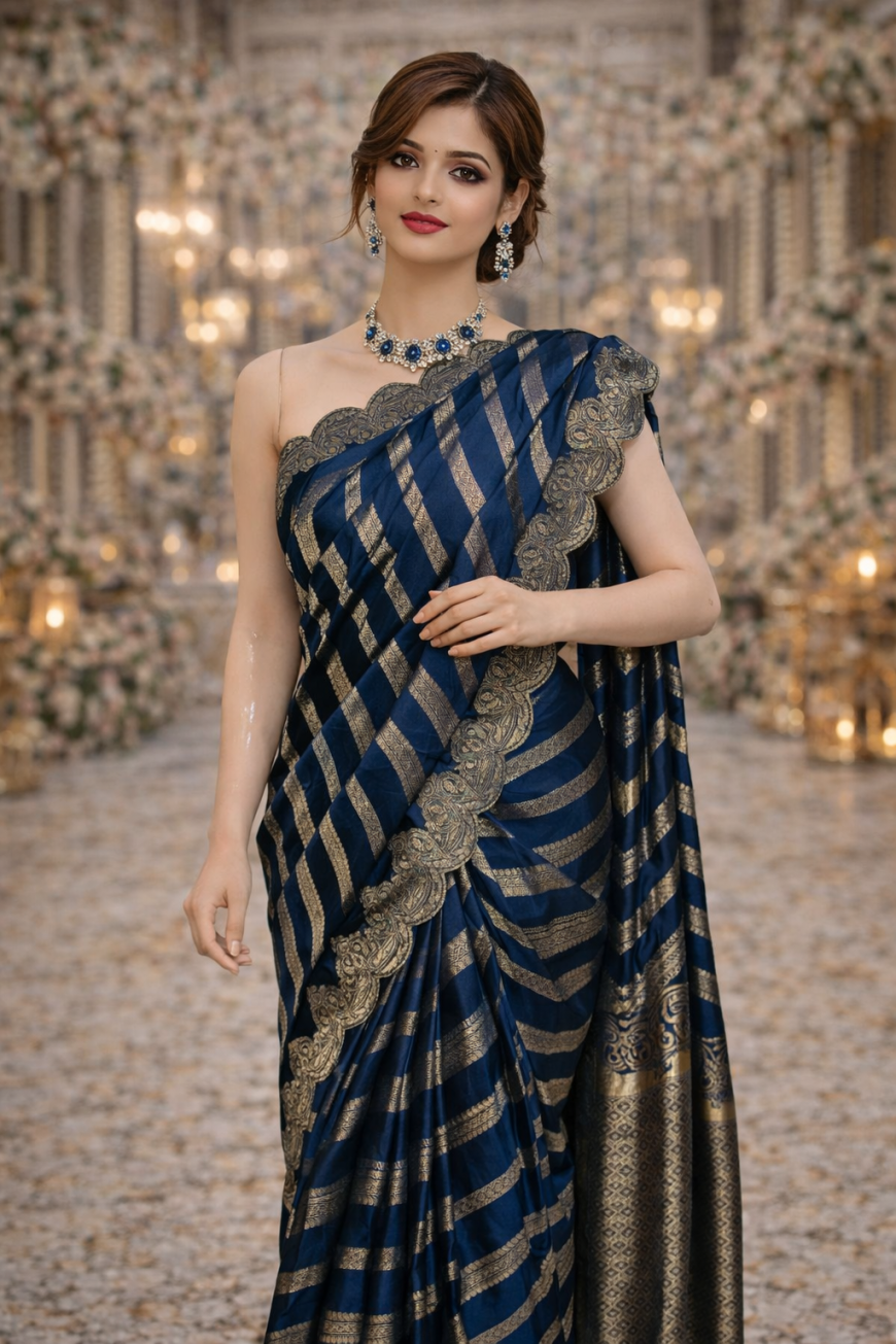 Navy Blue Striped Silk Saree