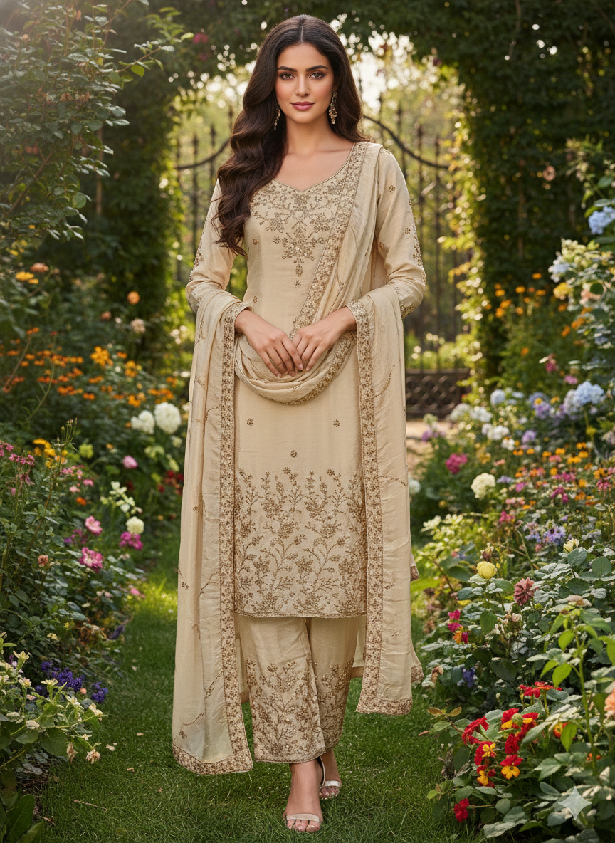 Beige Floral Straight-Cut Suit: