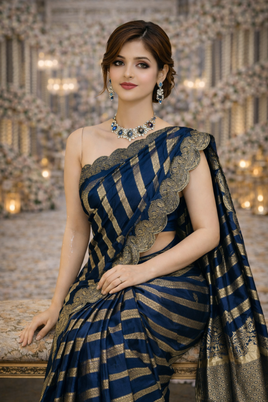 Navy Blue Striped Silk Saree