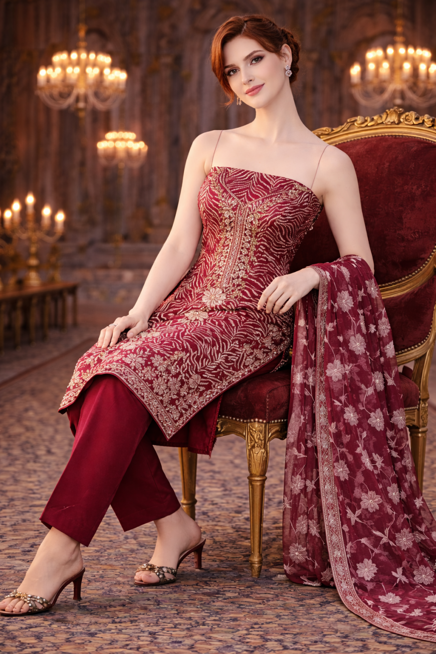 Cotton Blend Noor-e-Maroon Ensemble