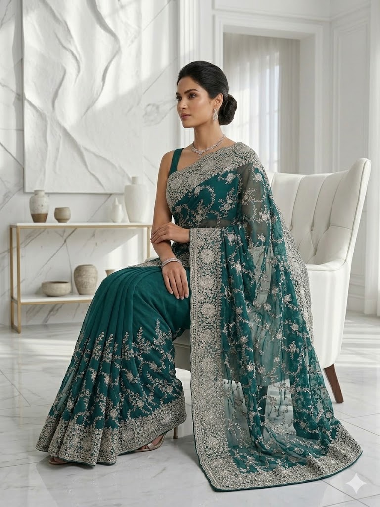 Bottle Green Georgette Saree