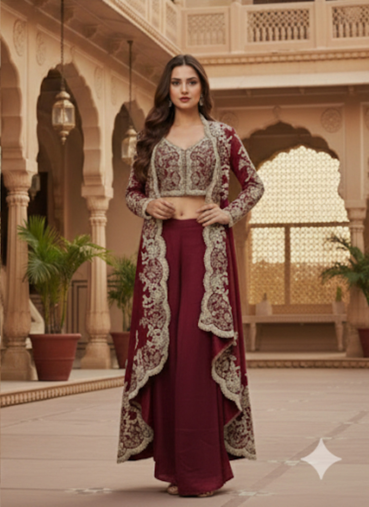 The Royal Crimson Indo-Western Shrug Set