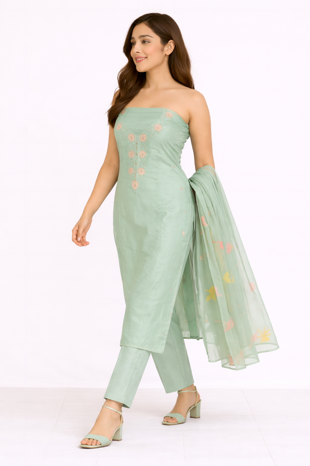 Mint Green Classic Embroidered Straight Suit