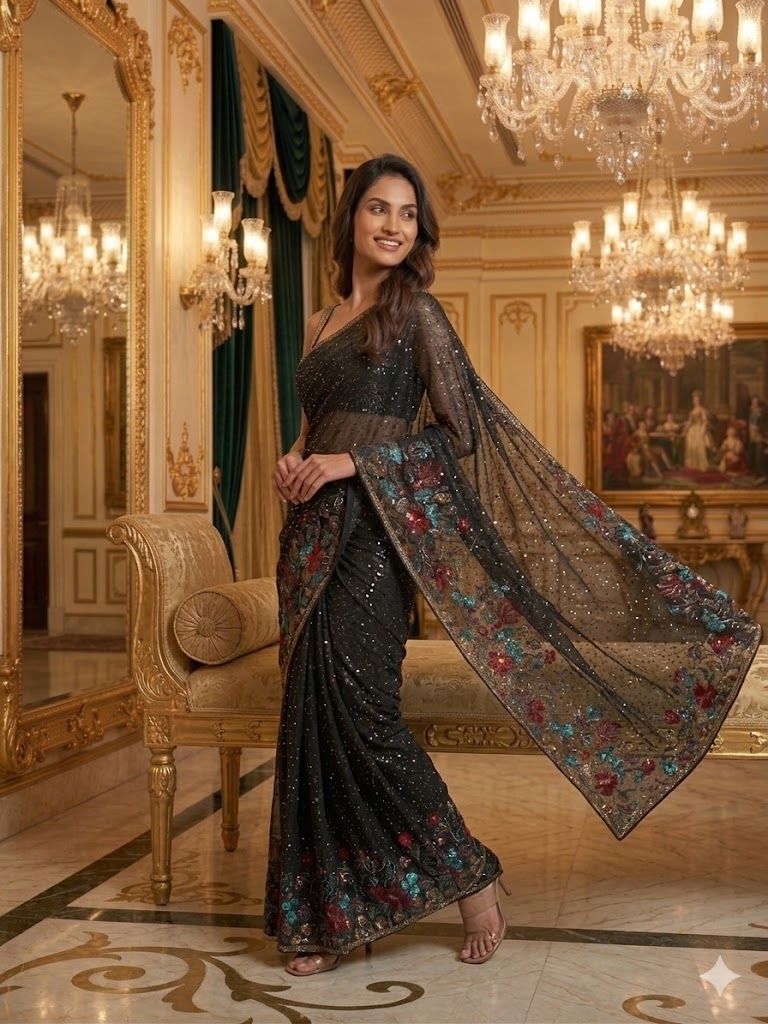 Black Heavy-Work Net Saree: