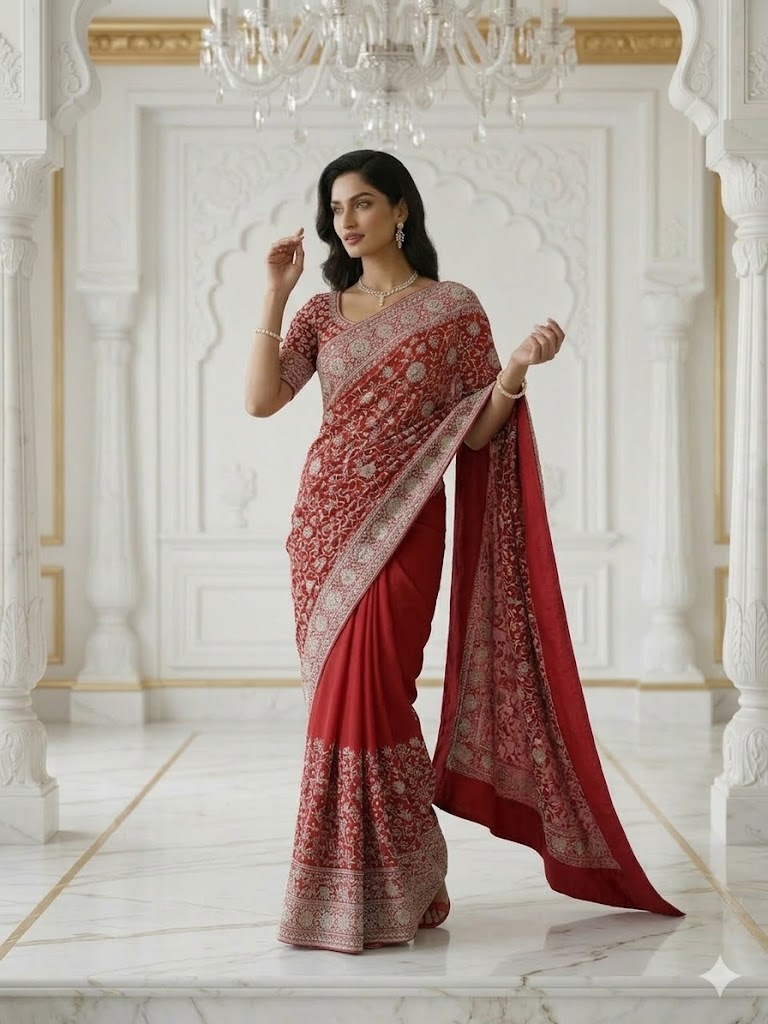 Blood Red Crepe saree