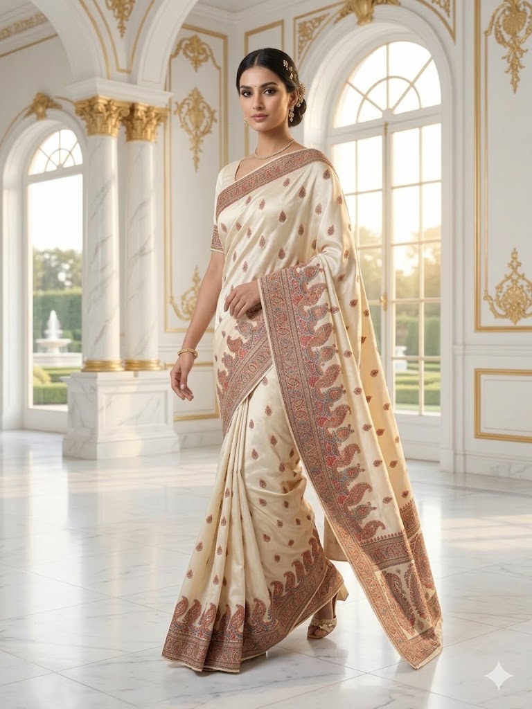 Off-White Mulberry Silk Saree