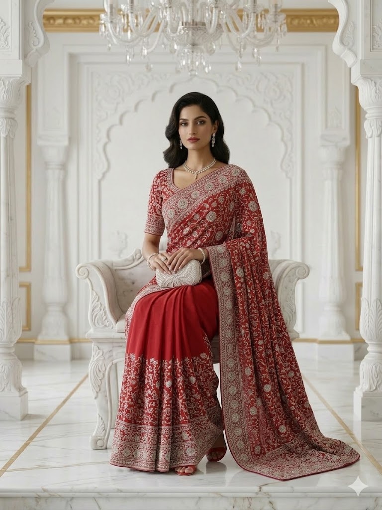 Blood Red Crepe saree