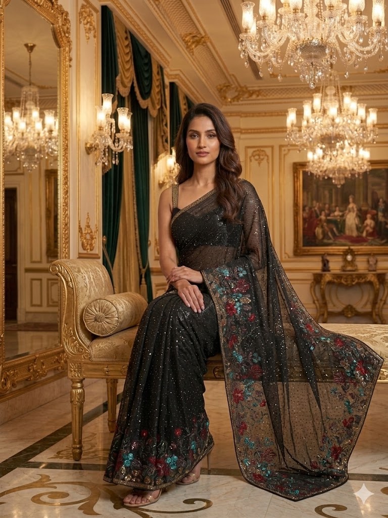 Black Heavy-Work Net Saree: