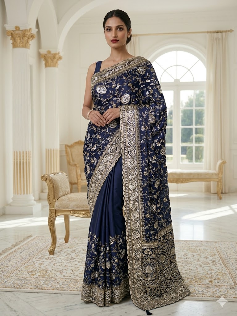 Midnight Navy Crepe Saree