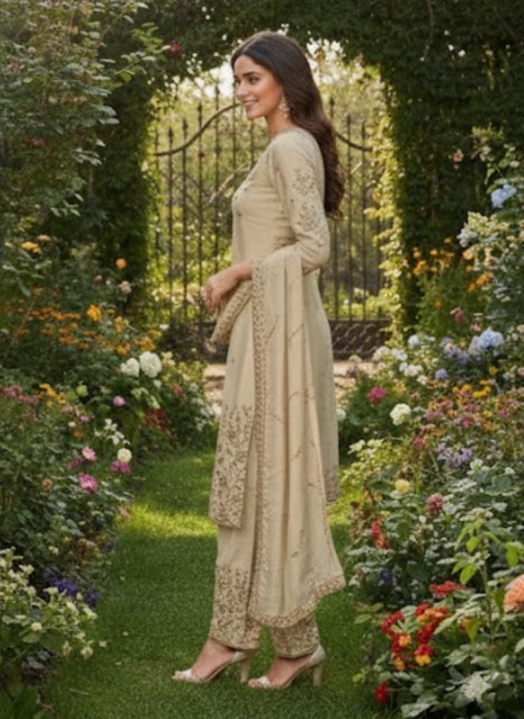 Beige Floral Straight-Cut Suit: