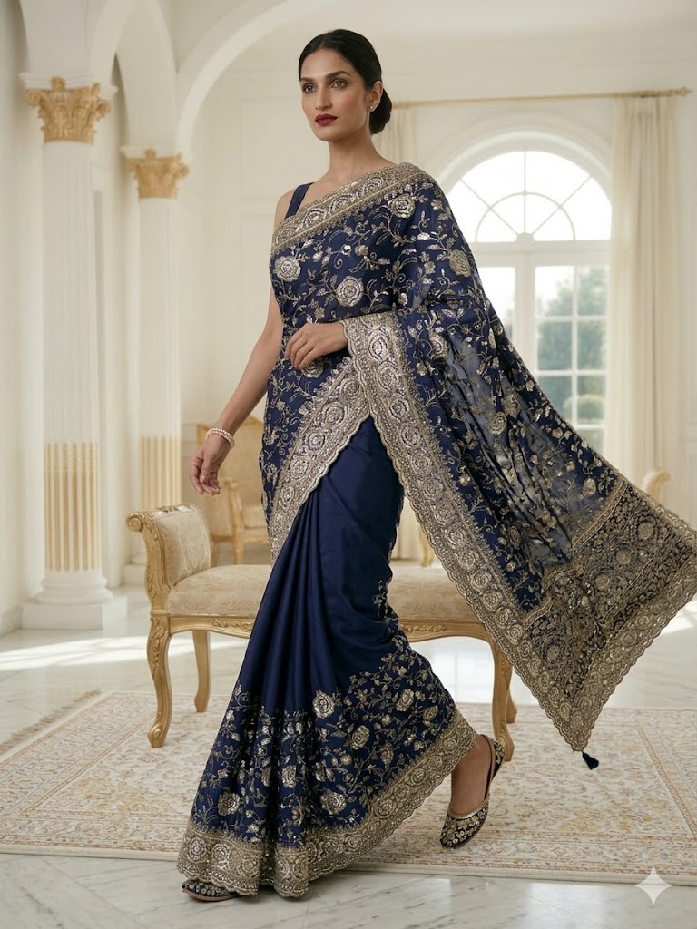 Midnight Navy Crepe Saree