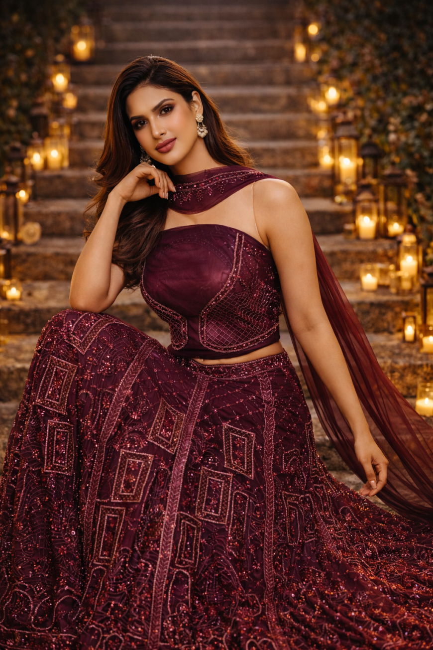 The Burgundy Geometric Lehenga