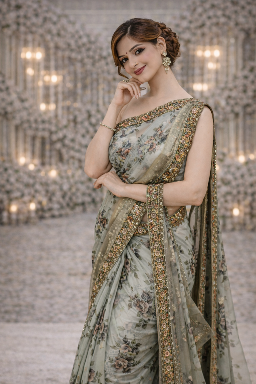 Printed Olive Party Wear Saree