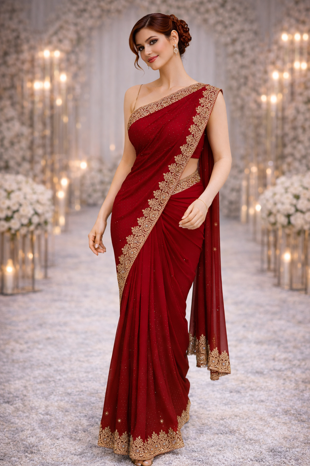 Deep Red Heavy Border Saree