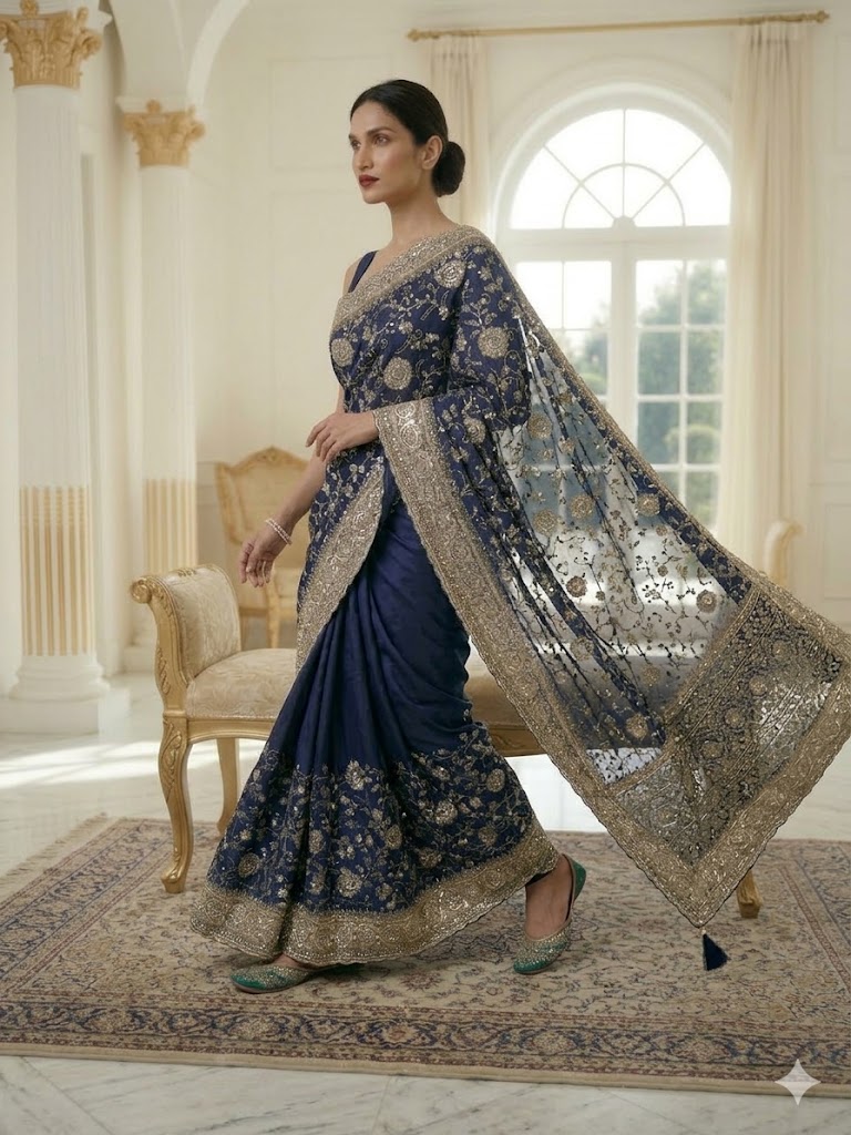 Midnight Navy Crepe Saree