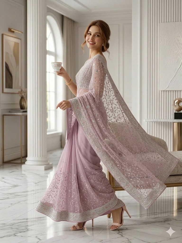 Mauve-Pink Net Saree