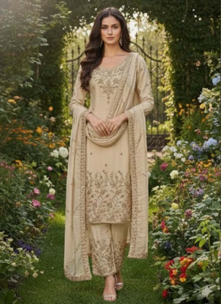 Beige Floral Straight-Cut Suit: