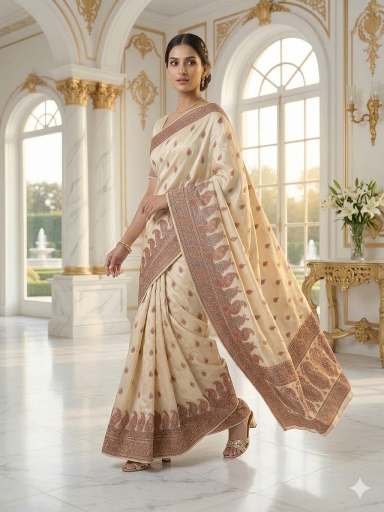 Off-White Mulberry Silk Saree
