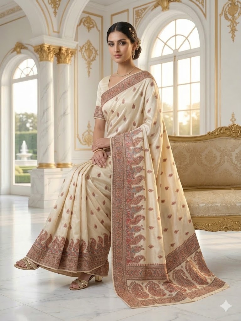 Off-White Mulberry Silk Saree