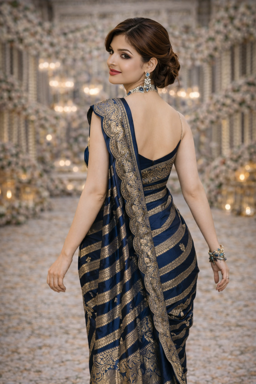 Navy Blue Striped Silk Saree