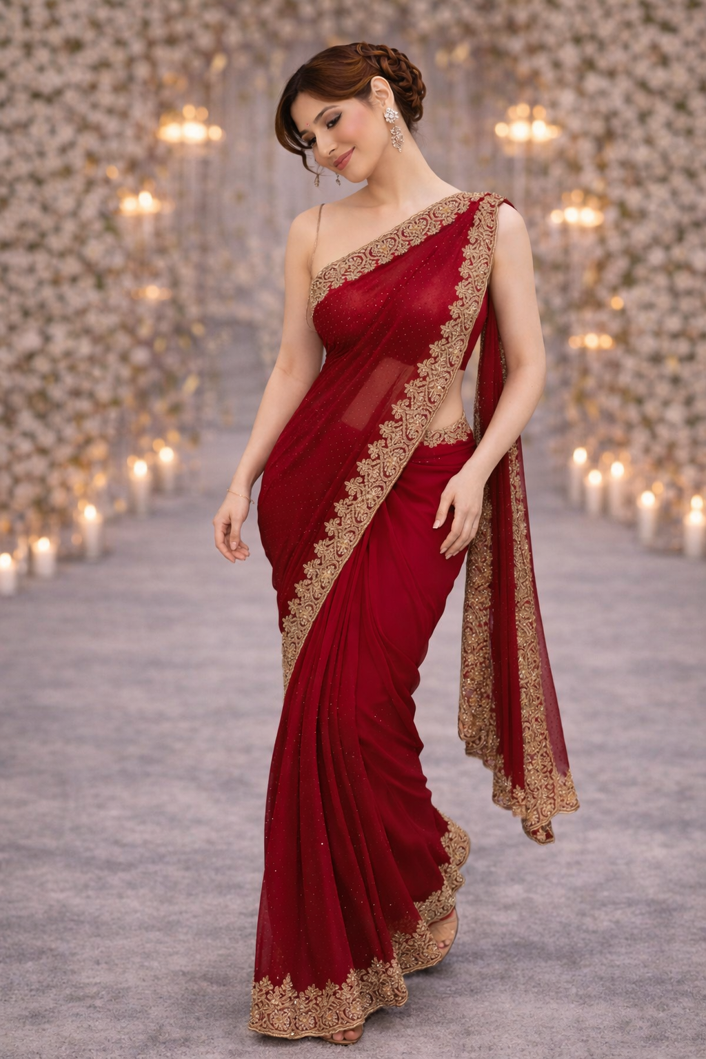 Deep Red Heavy Border Saree