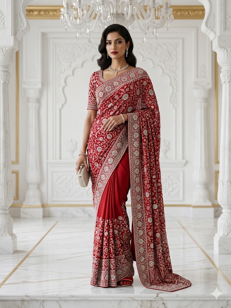 Blood Red Crepe saree