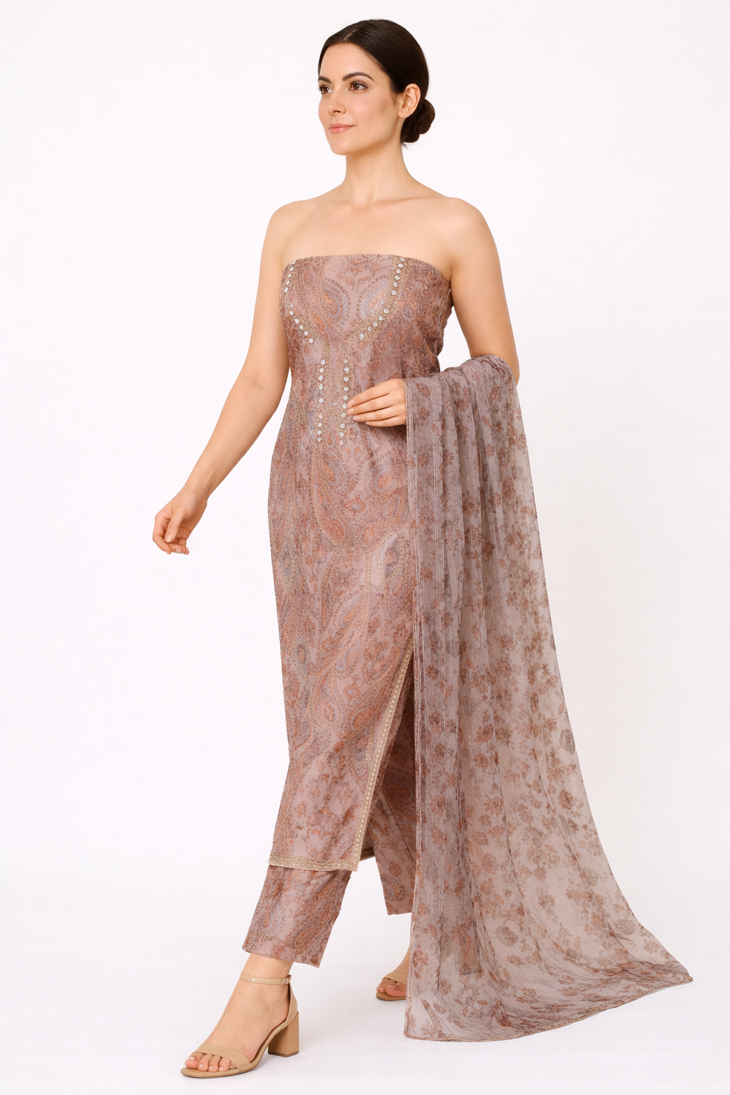 Taupe Paisley Motif Embroidered Suit